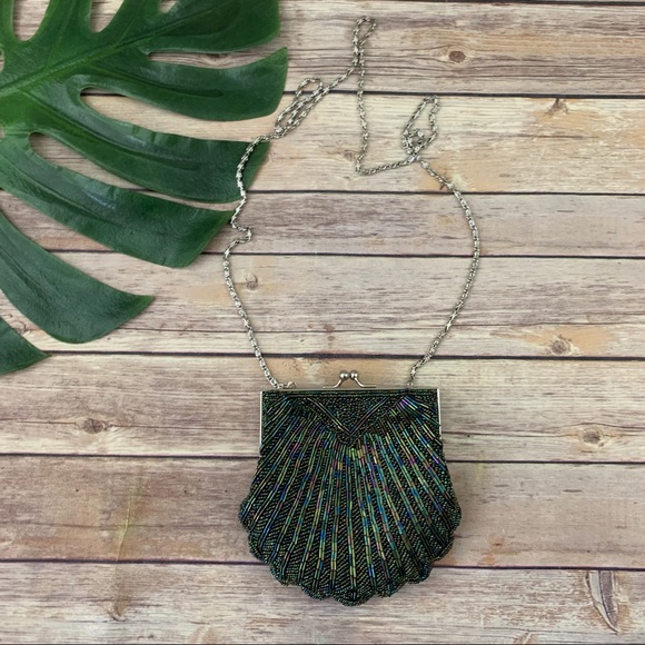 Handbags - iridescent green beaded scallop shell frame purse
